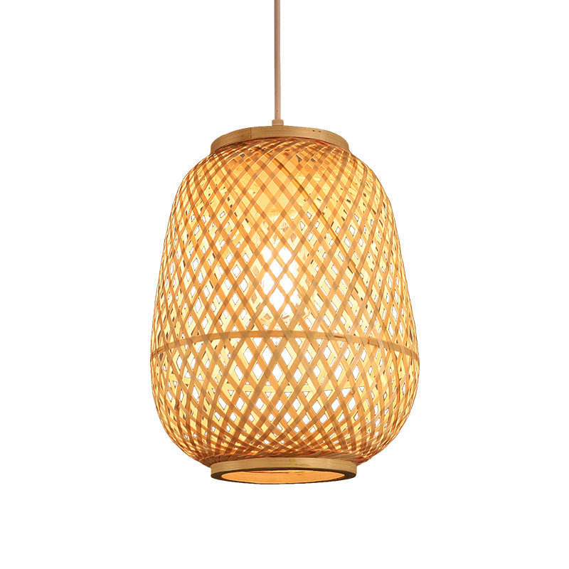 Lantern Shaded Bamboo Suspension Lighting Minimalist 1 Head Wood Pendant Ceiling Light