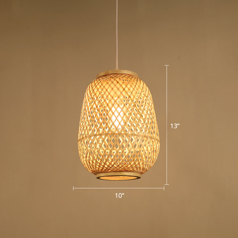 Lantern Shaded Bamboo Suspension Lighting Minimalist 1 Head Wood Pendant Ceiling Light