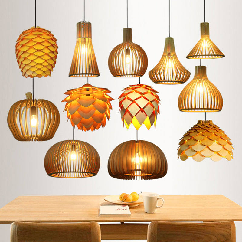 Wood Shaded Pendant Light Contemporary Single Suspension Lighting Fixture for Restaurant