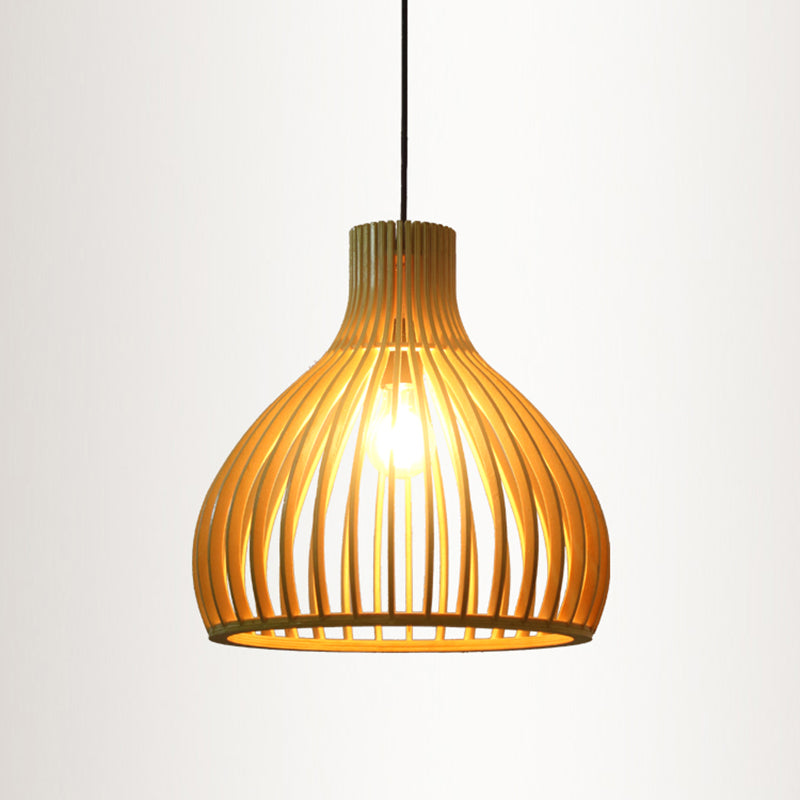 Wood Shaded Pendant Light Contemporary Single Suspension Lighting Fixture for Restaurant