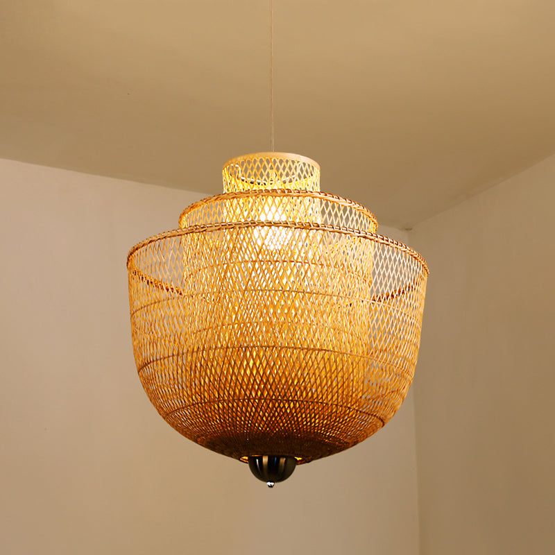 Layered Bamboo Suspension Lighting Minimalist 1 Head Wood Pendant Ceiling Light for Tea Room