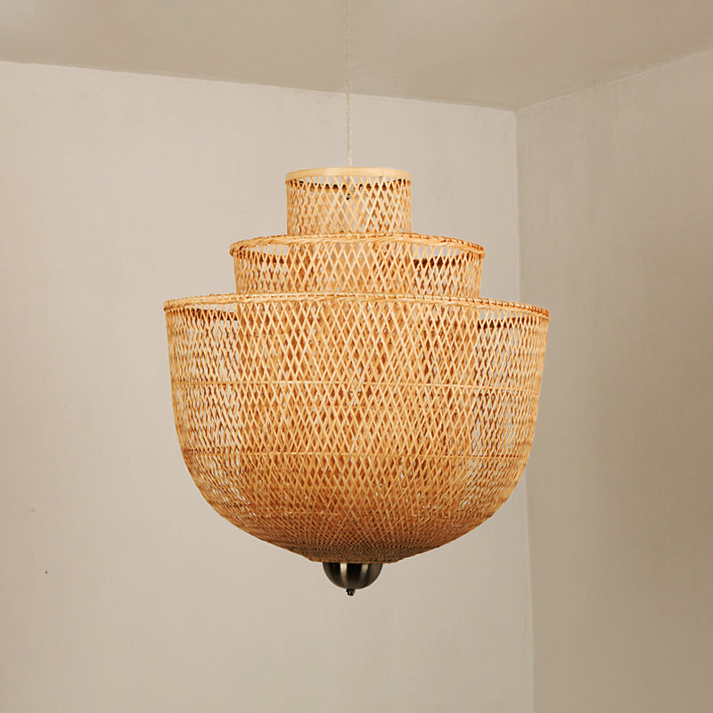 Layered Bamboo Suspension Lighting Minimalist 1 Head Wood Pendant Ceiling Light for Tea Room