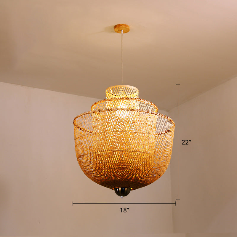 Layered Bamboo Suspension Lighting Minimalist 1 Head Wood Pendant Ceiling Light for Tea Room