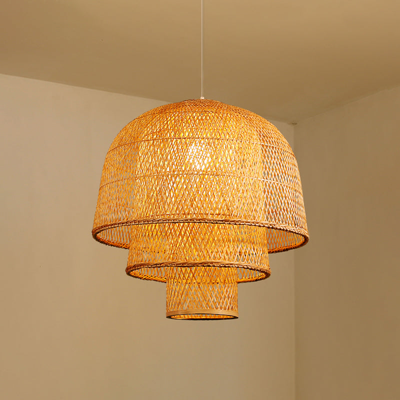 Layered Bamboo Suspension Lighting Minimalist 1 Head Wood Pendant Ceiling Light for Tea Room