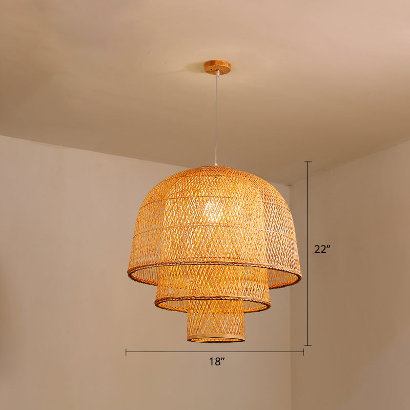 Layered Bamboo Suspension Lighting Minimalist 1 Head Wood Pendant Ceiling Light for Tea Room