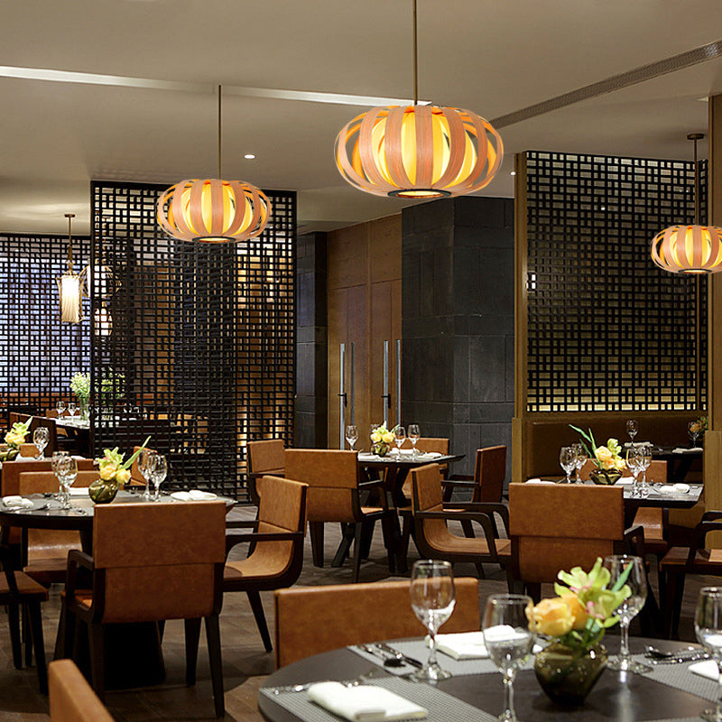 Rounded Drum Ceiling Light Modern Style Wood Single Restaurant Hanging Pendant Light