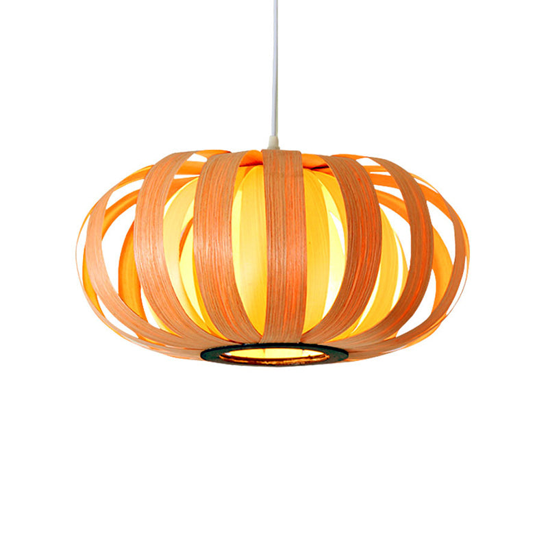 Rounded Drum Ceiling Light Modern Style Wood Single Restaurant Hanging Pendant Light