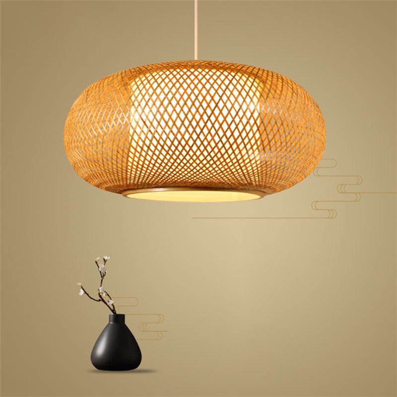 Wood Pumpkin Shaded Ceiling Light Asian Style 1 Bulb Bamboo Hanging Light Fixture