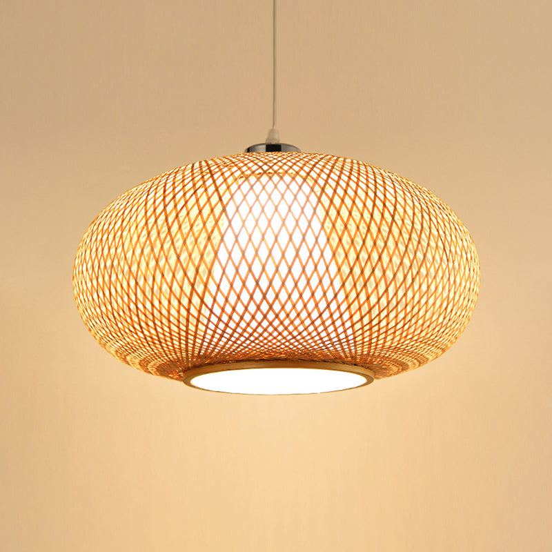Rounded Drum Bamboo Suspension Lighting Minimalist 1 Head Wood Pendant Ceiling Light