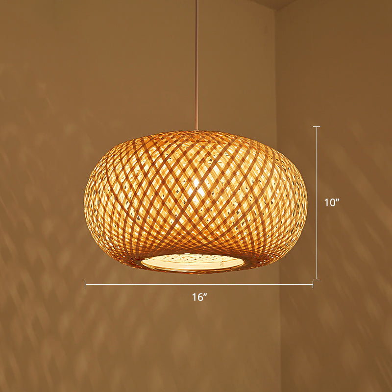 Curved Drum Ceiling Light Modern Bamboo Single Wood Hanging Pendant Light for Tea Room