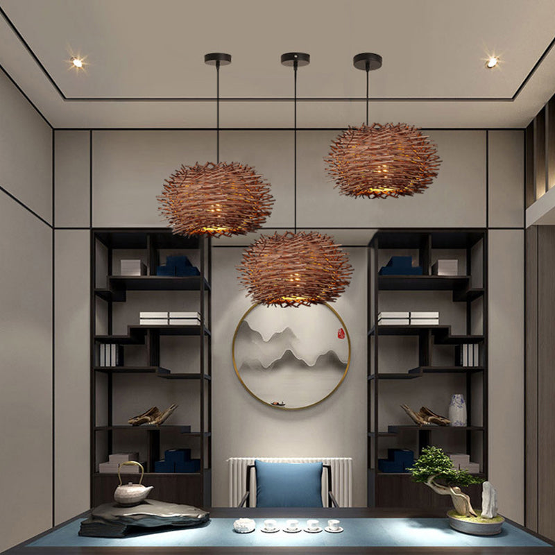 Zeitgenössischer Vogelnest Anhänger Leichtes Rattan Single-Bulb Restaurant Suspension Light in Holz