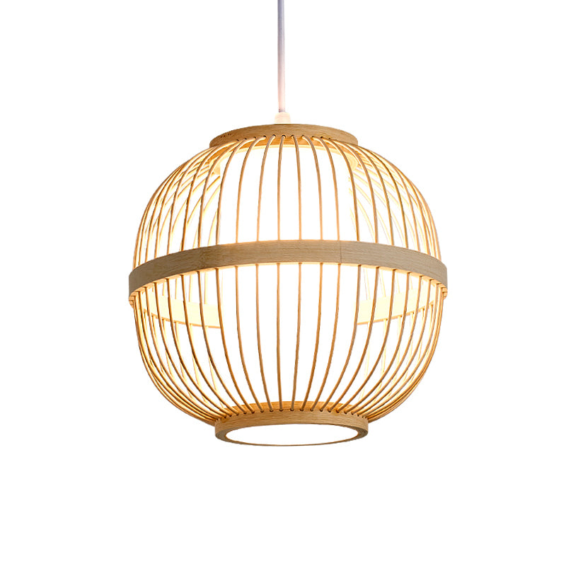 Lantern Tea Room Ceiling Light Bamboo 1 Bulb Asian Style Hanging Light Fixture in Wood