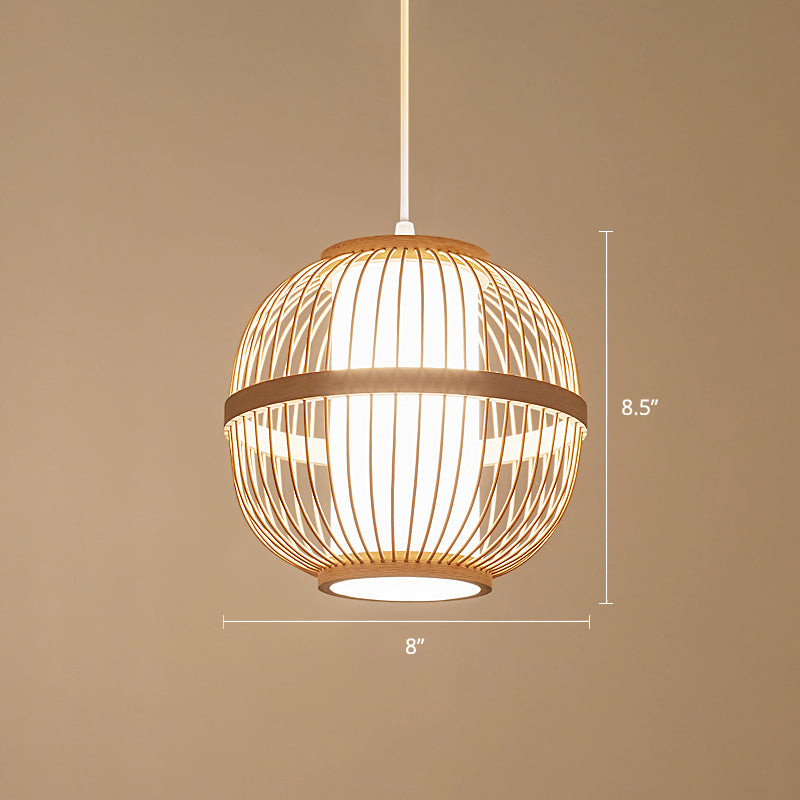 Lantern Tea Room Ceiling Light Bamboo 1 Bulb Asian Style Hanging Light Fixture in Wood
