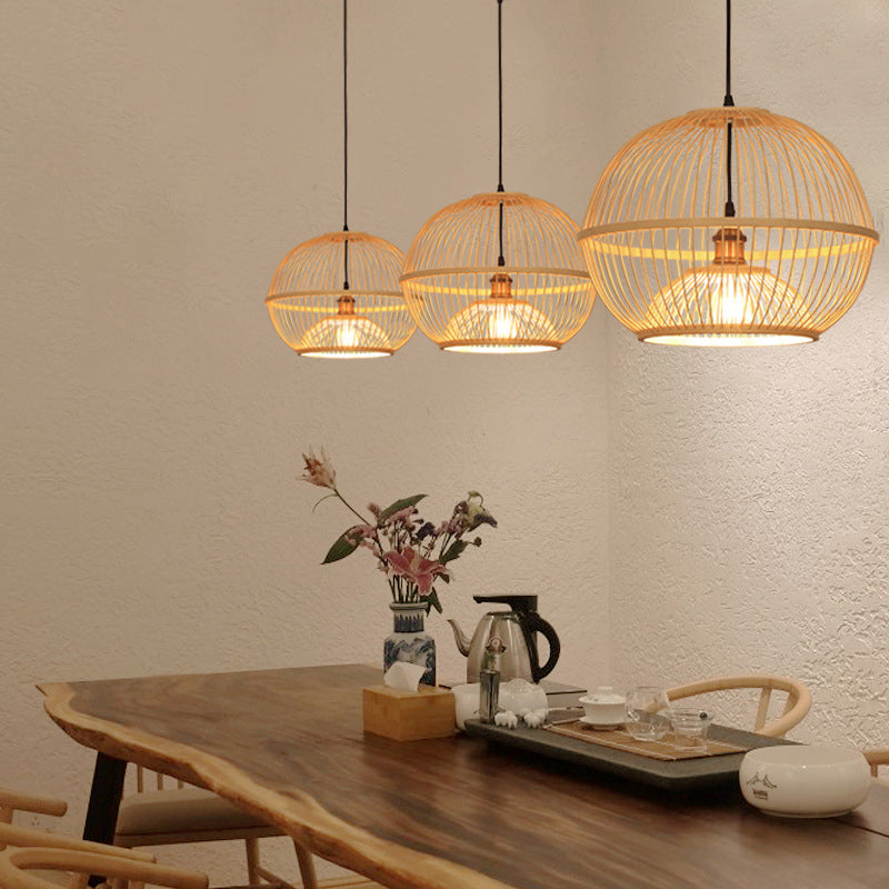 Bamboo Sphere Shaded Suspension Lighting Minimalist 1 Head Wood Pendant Ceiling Light
