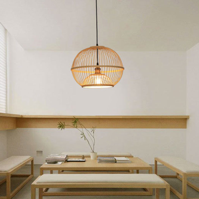 Bamboo Sphere Shaded Suspension Lighting Minimalist 1 Head Wood Pendant Ceiling Light