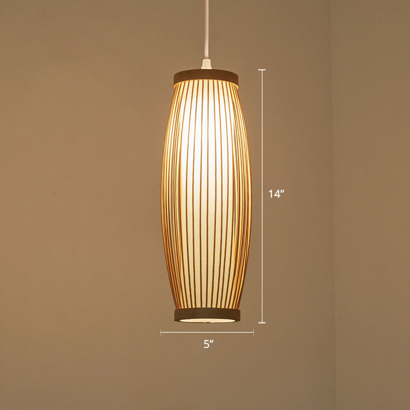 Elongated Oval Bamboo Ceiling Light Modern Single Wood Hanging Pendant Light for Restaurant