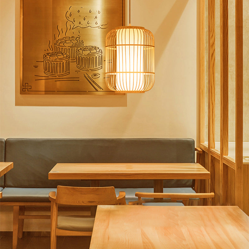 Birdcage Suspension Lighting Minimalist Bamboo 1 Head Restaurant Pendant Ceiling Light in Wood