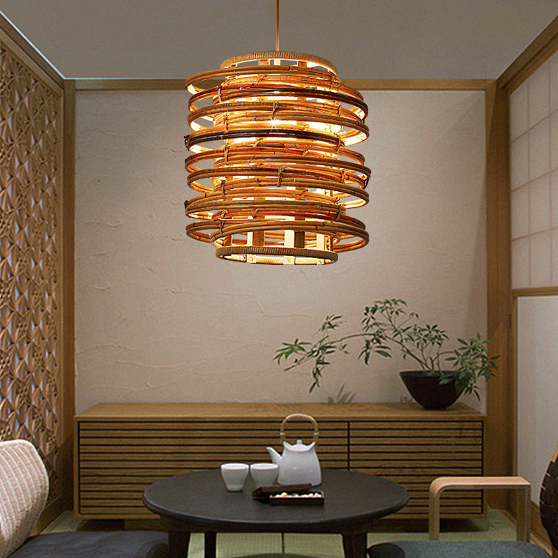 Curl Bound Ceiling Light Asian Style Rattan 1 Bulb Restaurant Hanging Light in Wood