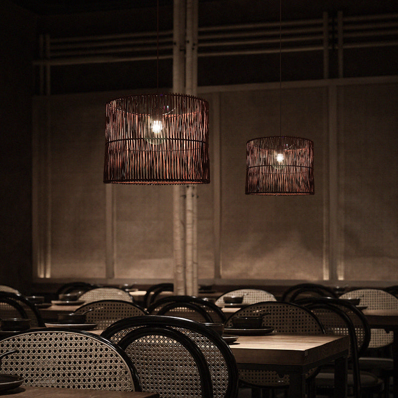 Rattan Drum Shaded Ceiling Light Modern Single Hanging Pendant Light for Restaurant