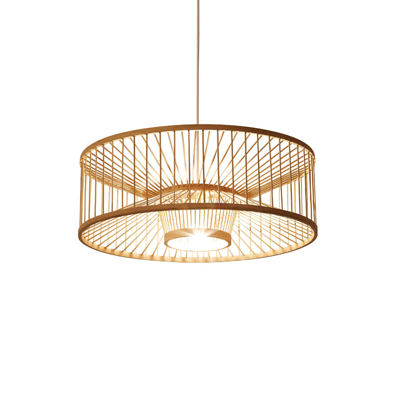 Drum Bamboo Pendant Lighting Contemporary Single-Bulb Wood Suspension Light Fixture