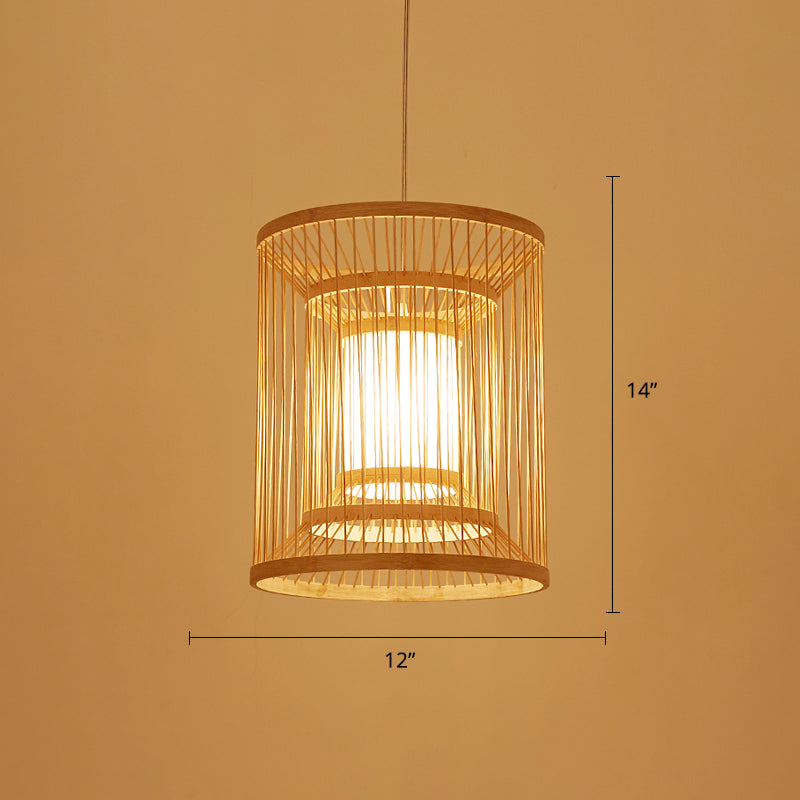 Cylindrical Suspension Light Simplicity Bamboo 1-Light Wood Pendant Light Fixture for Tea Room