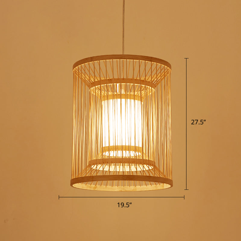 Cylindrical Suspension Light Simplicity Bamboo 1-Light Wood Pendant Light Fixture for Tea Room