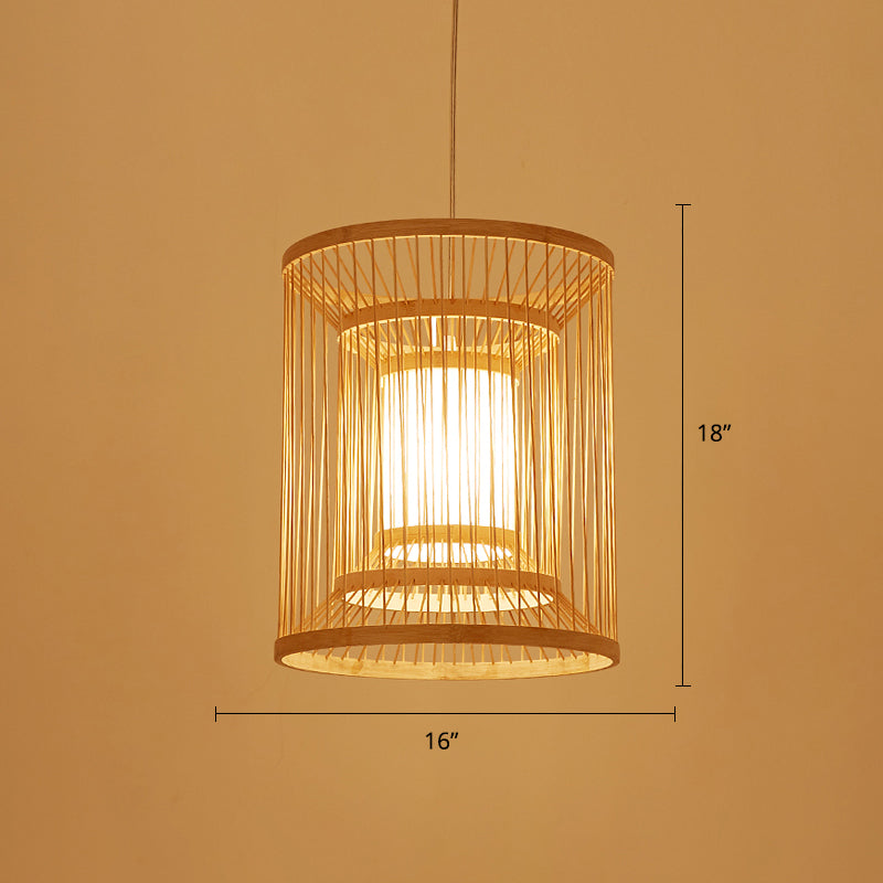 Cylindrical Suspension Light Simplicity Bamboo 1-Light Wood Pendant Light Fixture for Tea Room
