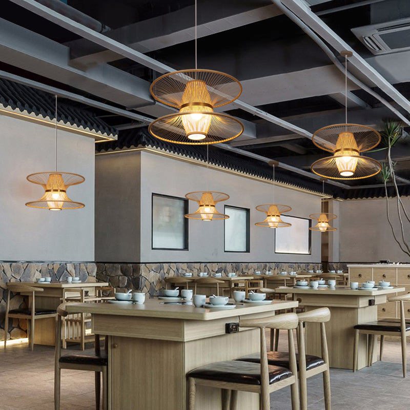 Lotus-Like Bamboo Ceiling Light Asian Style 1 Bulb Wood Hanging Light for Restaurant