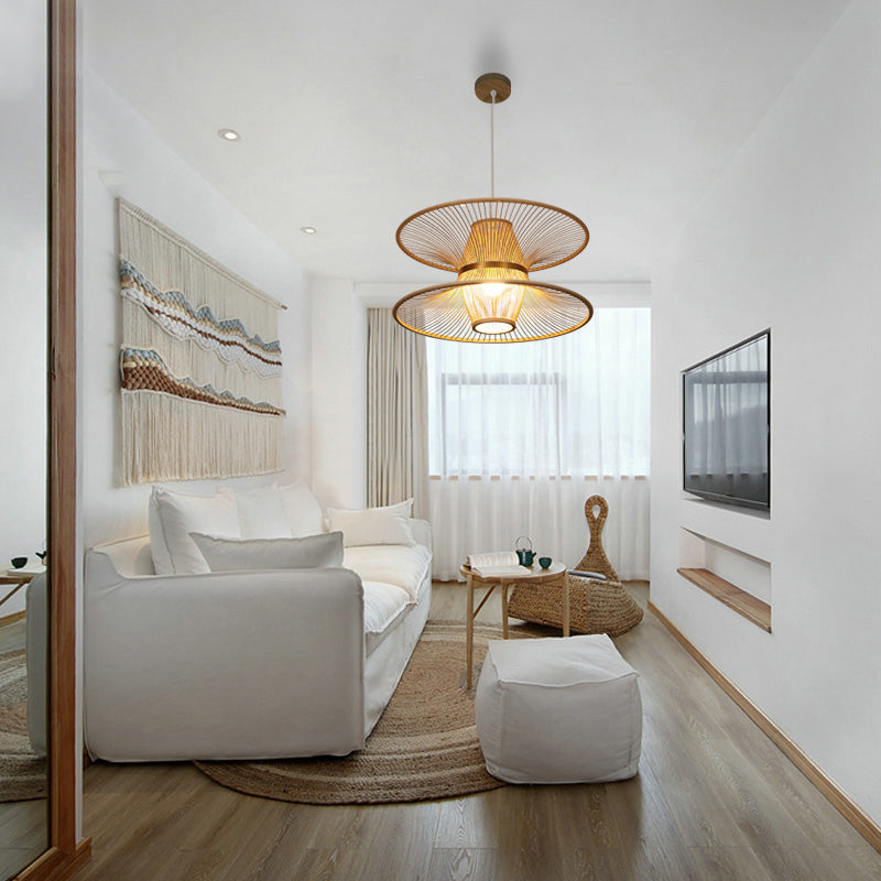 Lotus-Like Bamboo Ceiling Light Asian Style 1 Bulb Wood Hanging Light for Restaurant