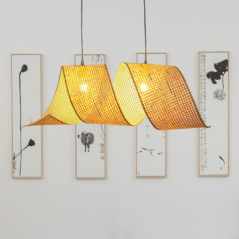 Bamboo Spiral Suspension Light Simplicity Pendant Light Fixture in Wood for Tea Room