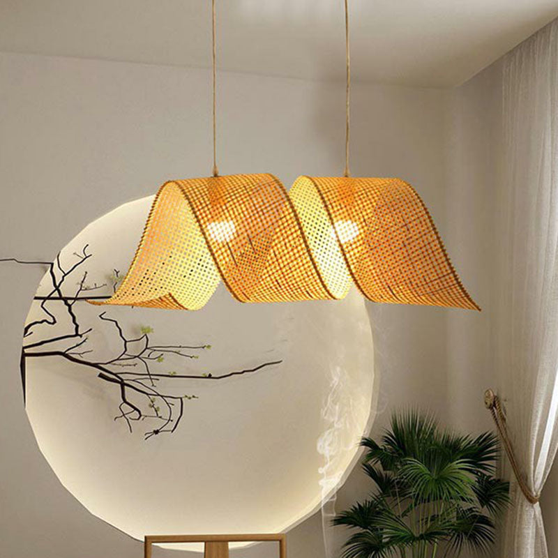 Bamboo Spiral Suspension Light Simplicity Pendant Light Fixture in Wood for Tea Room