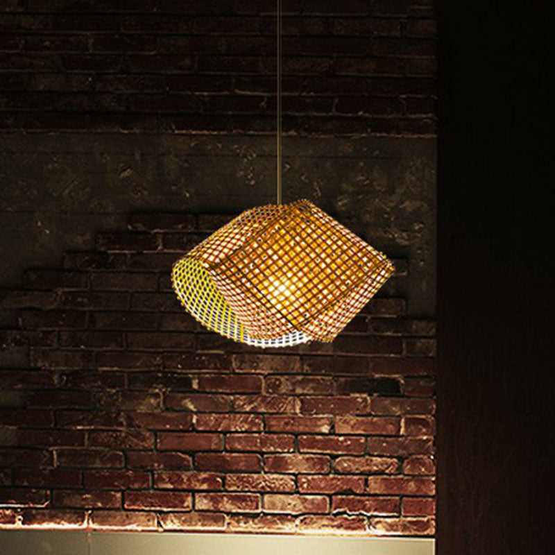 Twisted Bamboo Ceiling Light Asian Style 1 Bulb Wood Hanging Light Fixture for Restaurant