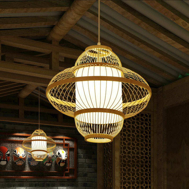 Lantern Ceiling Light Modern Bamboo Single Restaurant Hanging Pendant Light in Wood
