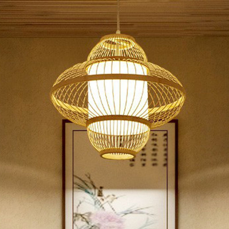 Lantern Ceiling Light Modern Bamboo Single Restaurant Hanging Pendant Light in Wood