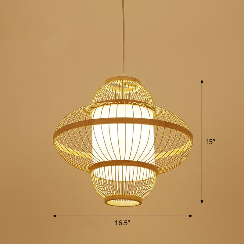 Lantern Ceiling Light Modern Bamboo Single Restaurant Hanging Pendant Light in Wood