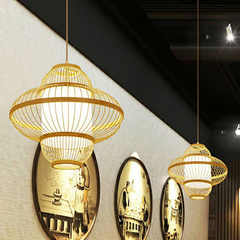 Lantern Ceiling Light Modern Bamboo Single Restaurant Hanging Pendant Light in Wood
