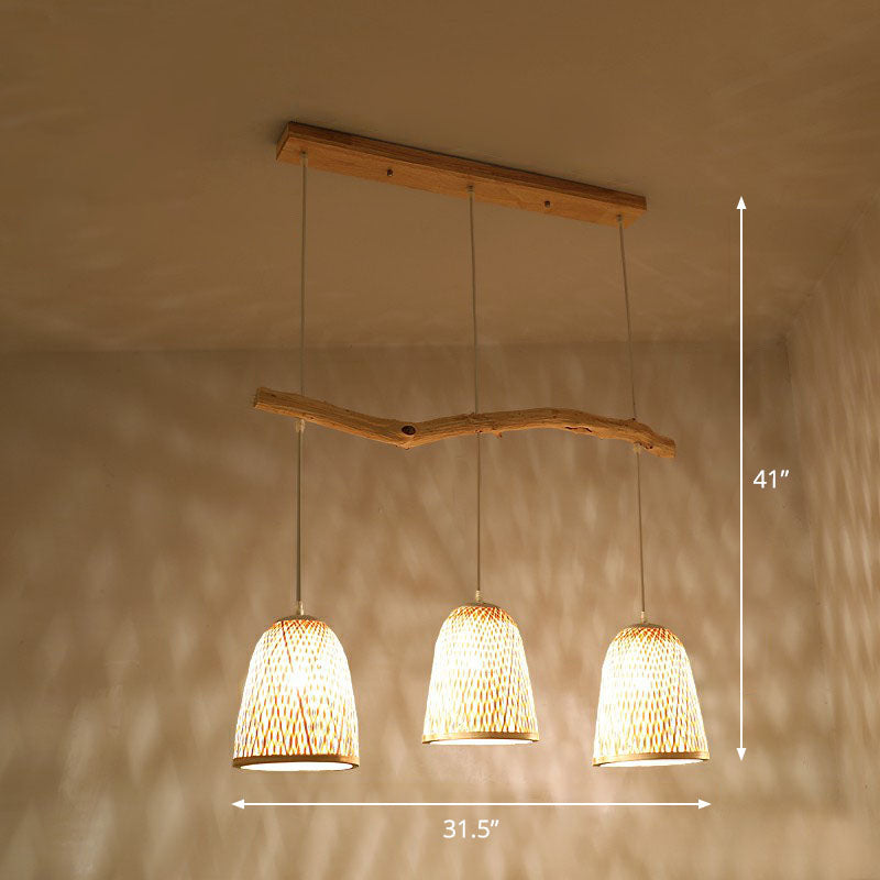 Bell Shade Pendant Light South-east Asia Bamboo 3 Heads Tea Room Hanging Island Light in Wood
