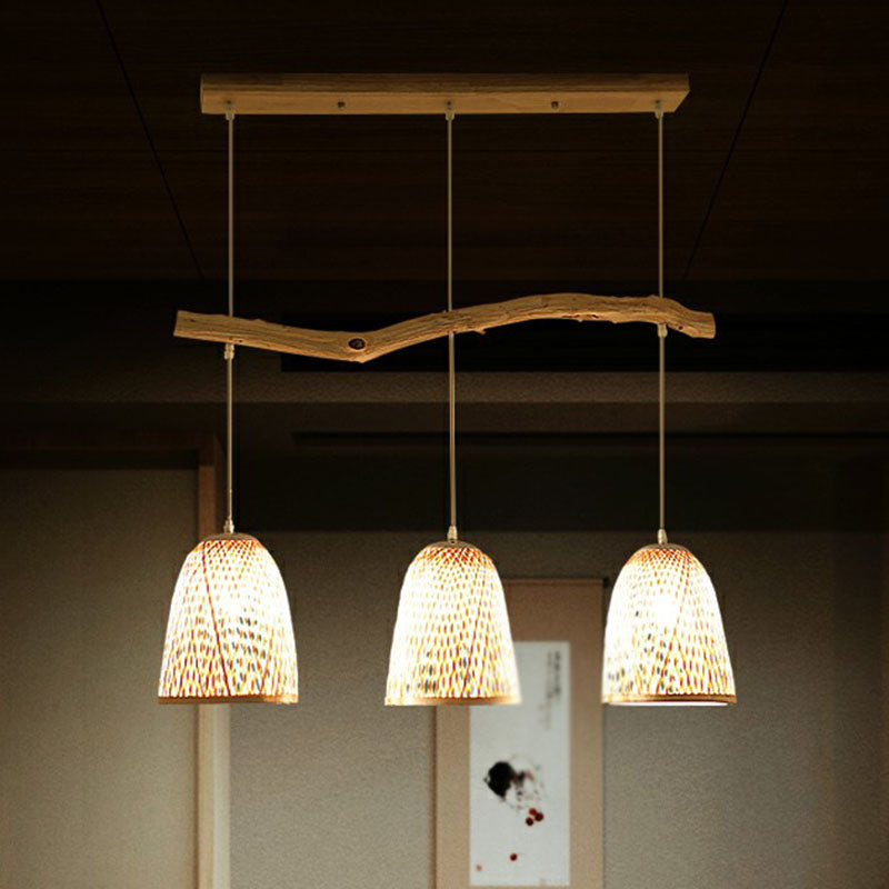 Bell Shade Pendant Light South-east Asia Bamboo 3 Heads Tea Room Hanging Island Light in Wood