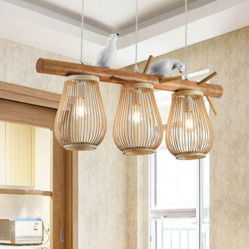 Nordic Style Pear-Shaped Pendant Light Bamboo Dining Room Hanging Island Light with Bird Decor in Wood