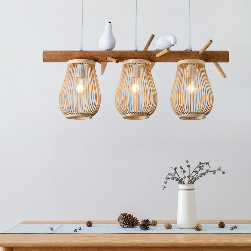 Nordic Style Pear-Shaped Pendant Light Bamboo Dining Room Hanging Island Light with Bird Decor in Wood