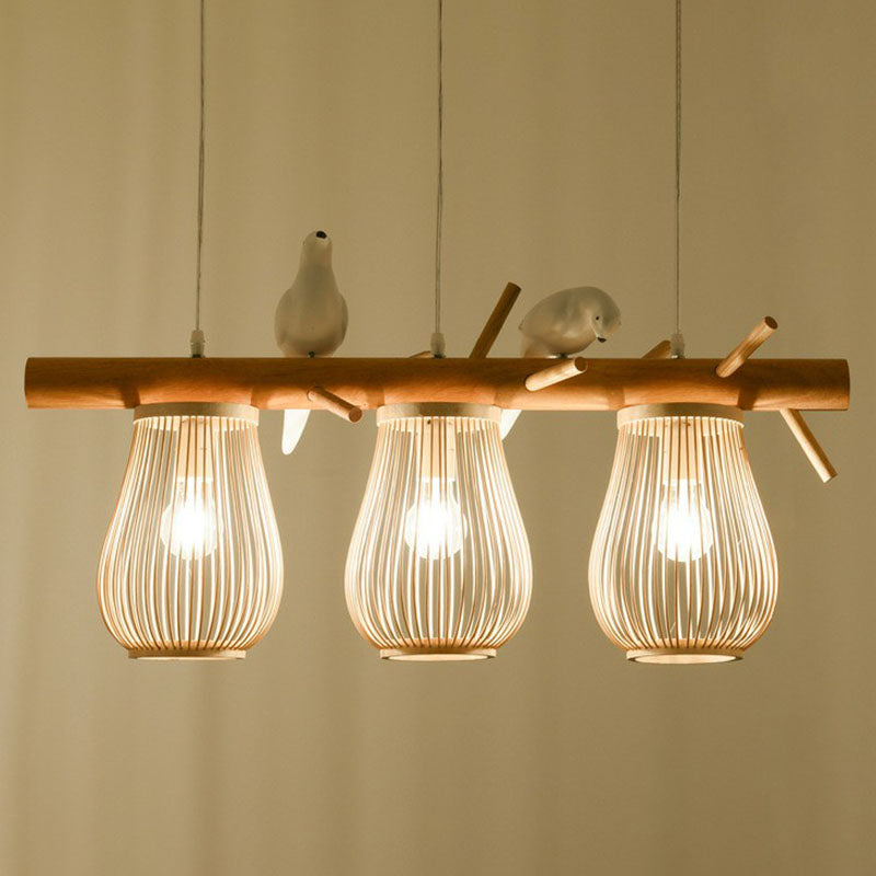 Nordic Style Pear-Shaped Pendant Light Bamboo Dining Room Hanging Island Light with Bird Decor in Wood