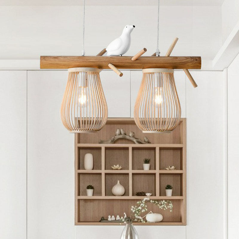 Nordic Style Pear-Shaped Pendant Light Bamboo Dining Room Hanging Island Light with Bird Decor in Wood