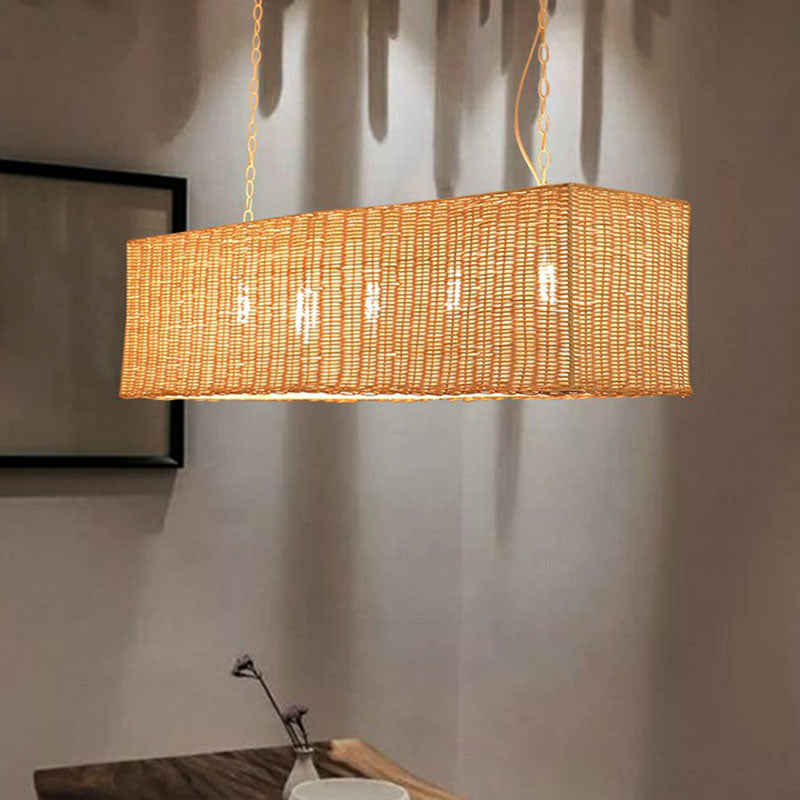 Rectangular Restaurant Hanging Lamp Rattan 4 Heads Minimalist Island Chandelier Light in Wood
