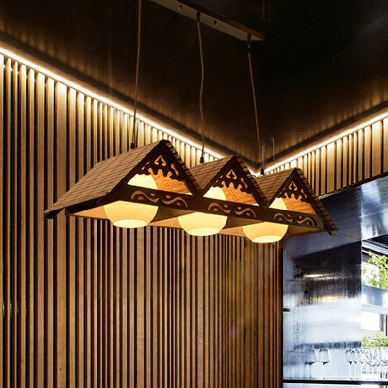 Triangle Roof Restaurant Suspension Light Bamboo Chinese Island Pendant Light Fixture in Wood