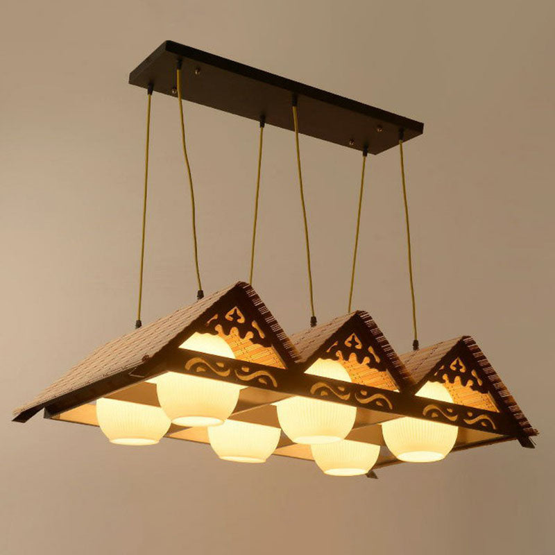 Triangle Roof Restaurant Suspension Light Bamboo Chinese Island Pendant Light Fixture in Wood