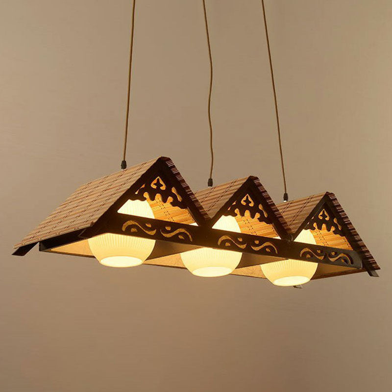 Triangle Roof Restaurant Suspension Light Bamboo Chinese Island Pendant Light Fixture in Wood