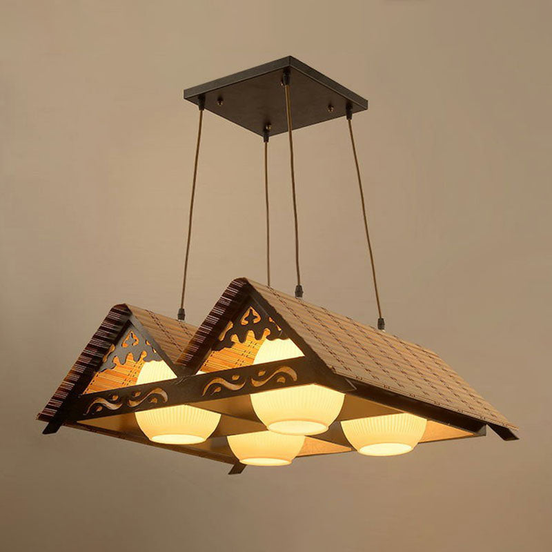 Triangle Roof Restaurant Suspension Light Bamboo Chinese Island Pendant Light Fixture in Wood
