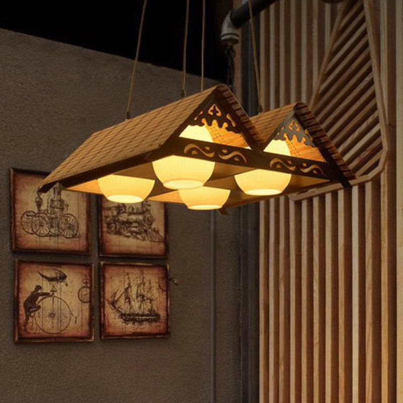 Triangle Roof Restaurant Suspension Light Bamboo Chinese Island Pendant Light Fixture in Wood
