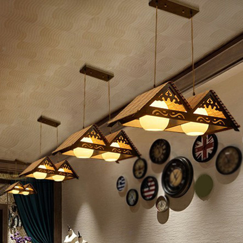Triangle Roof Restaurant Suspension Light Bamboo Chinese Island Pendant Light Fixture in Wood