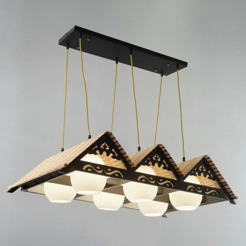 Triangle Roof Restaurant Suspension Light Bamboo Chinese Island Pendant Light Fixture in Wood
